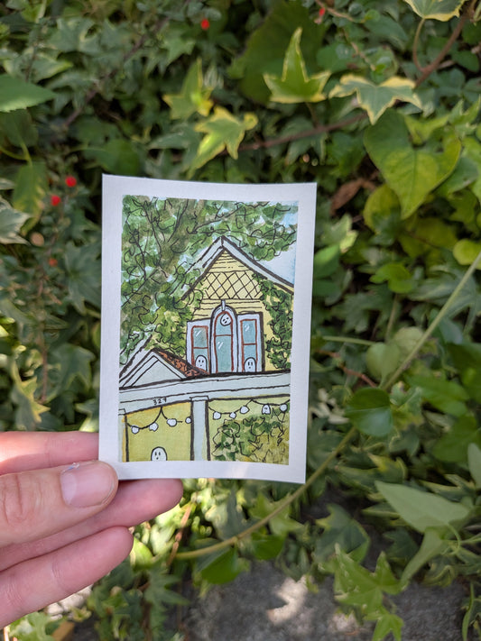 Yellow House Ghosts Original Signed ACEO | spooky building