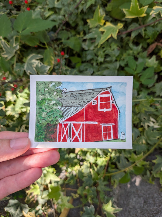 Barn Ghosts Original Signed ACEO | spooky farm building