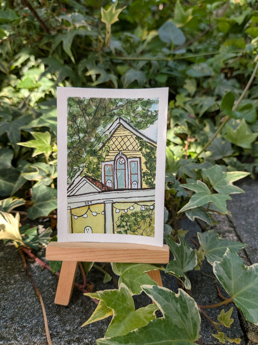 Yellow House Ghosts Original Signed ACEO | spooky building